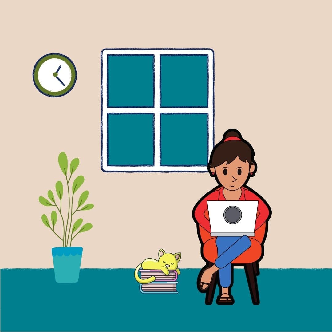 Illustration of a library worker on a laptop at home, with a cat asleep on a stack of books